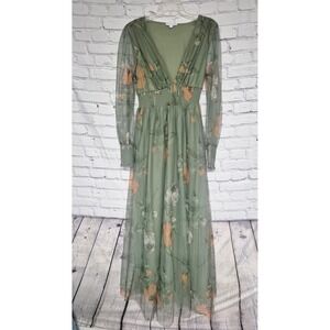 Baltic Born Layla Tulle Maxi Sage Green Floral Mesh Maxi Dress Medium